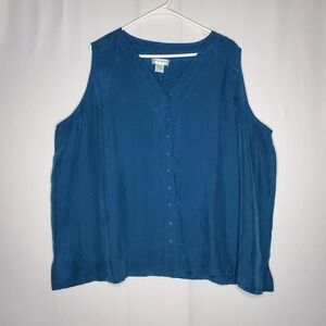 Adrian Jordan Silk Button Top Women 22/24 3X Vtg Teal Jewel-Tone Sleeveless 90s